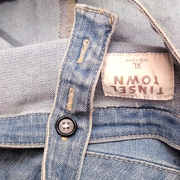 New Junior's Belted Denim Jumpsuit With Ruffler. Light Wash Color 20" pit to pit - Picture 8 of 10